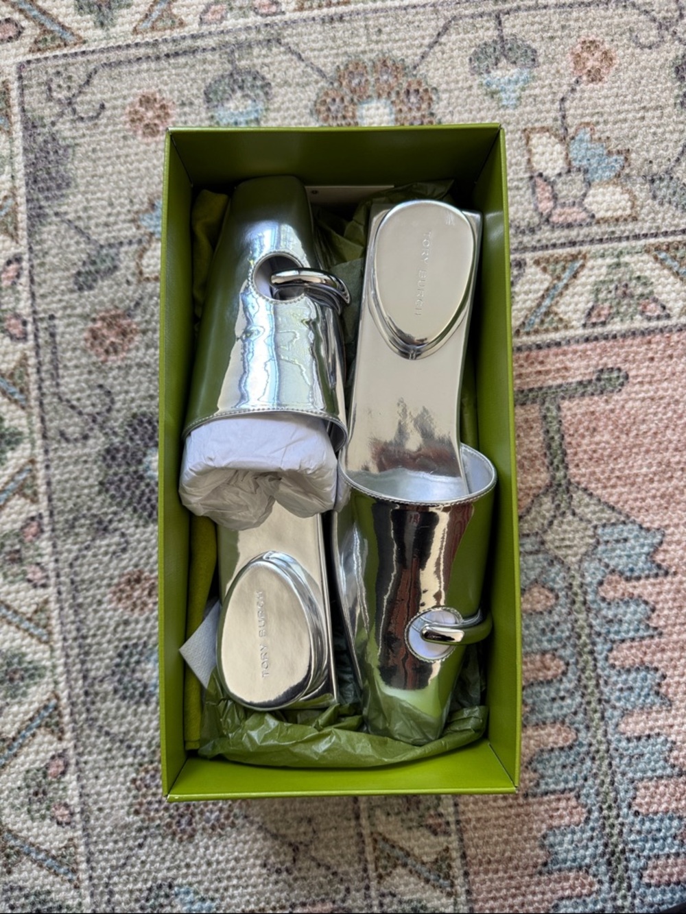 Tory Burch Silver Pierced Mules BRAND NEW W BOX